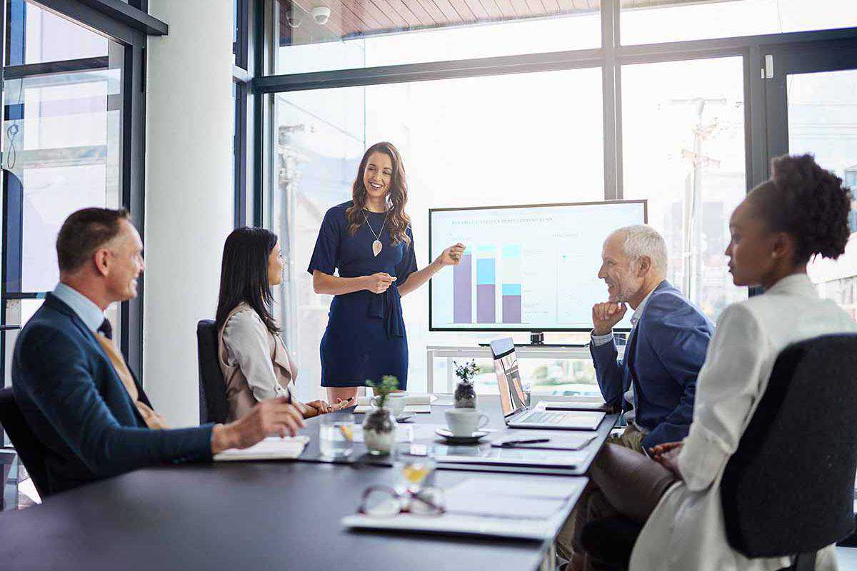 Businesswoman explaining low-cost marketing costs