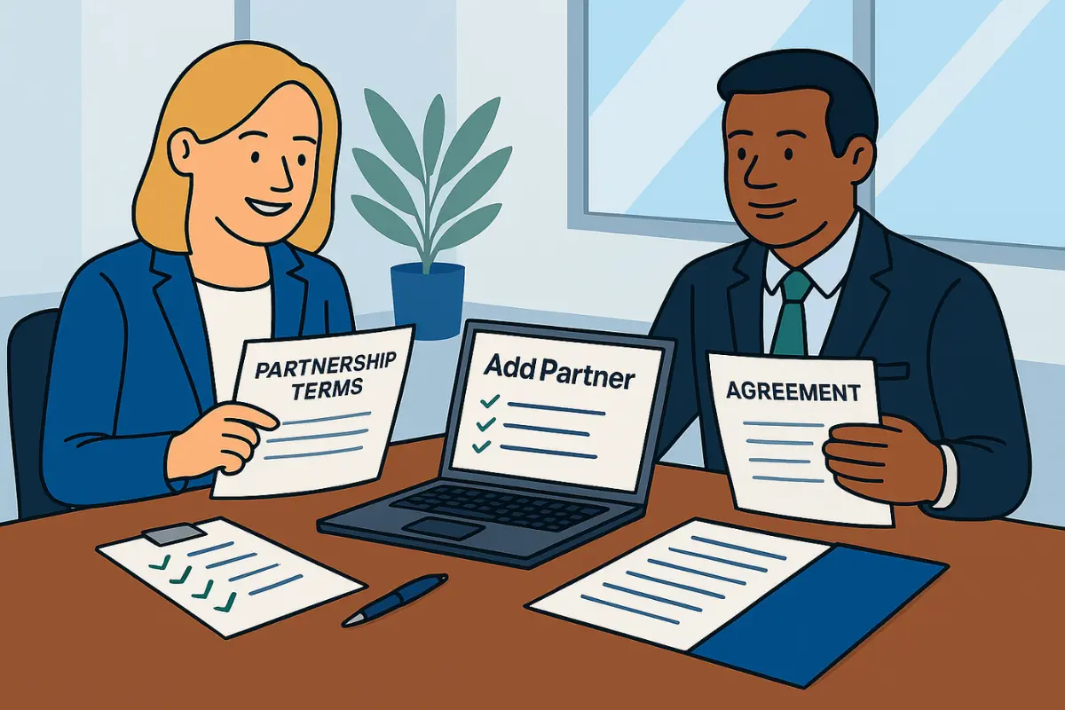 Two business professionals reviewing documents labeled partnership agreement, add partner, and terms, representing how to add a business partner in an LLC.