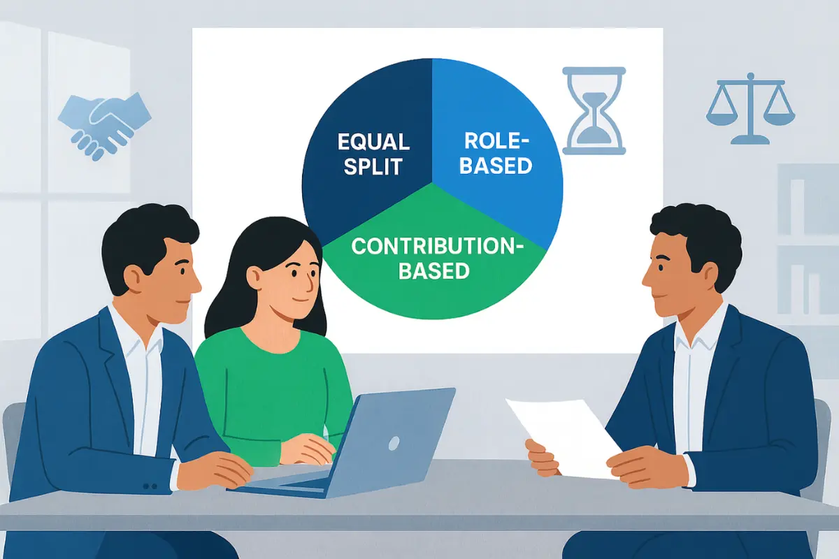 Startup founders discussing equity split options including equal role-based and contribution-based distribution.
