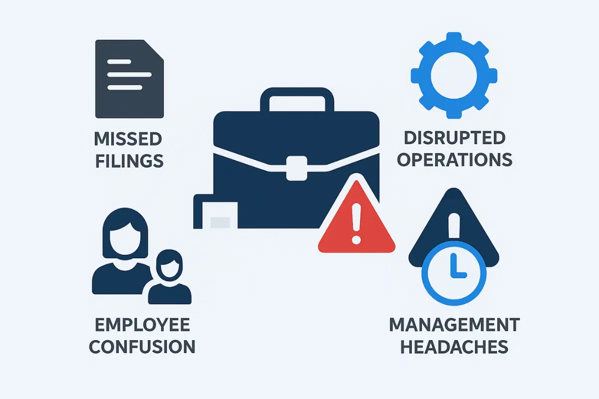 Infographic showing business risks of skipping foreign qualification including missed filings disrupted operations and employee confusion