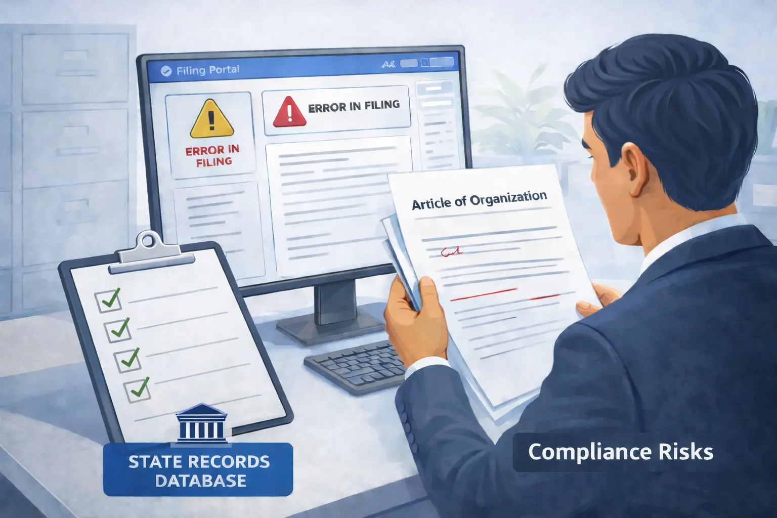 Business owner facing LLC filing errors and compliance risks while reviewing Articles of Organization on state records database portal