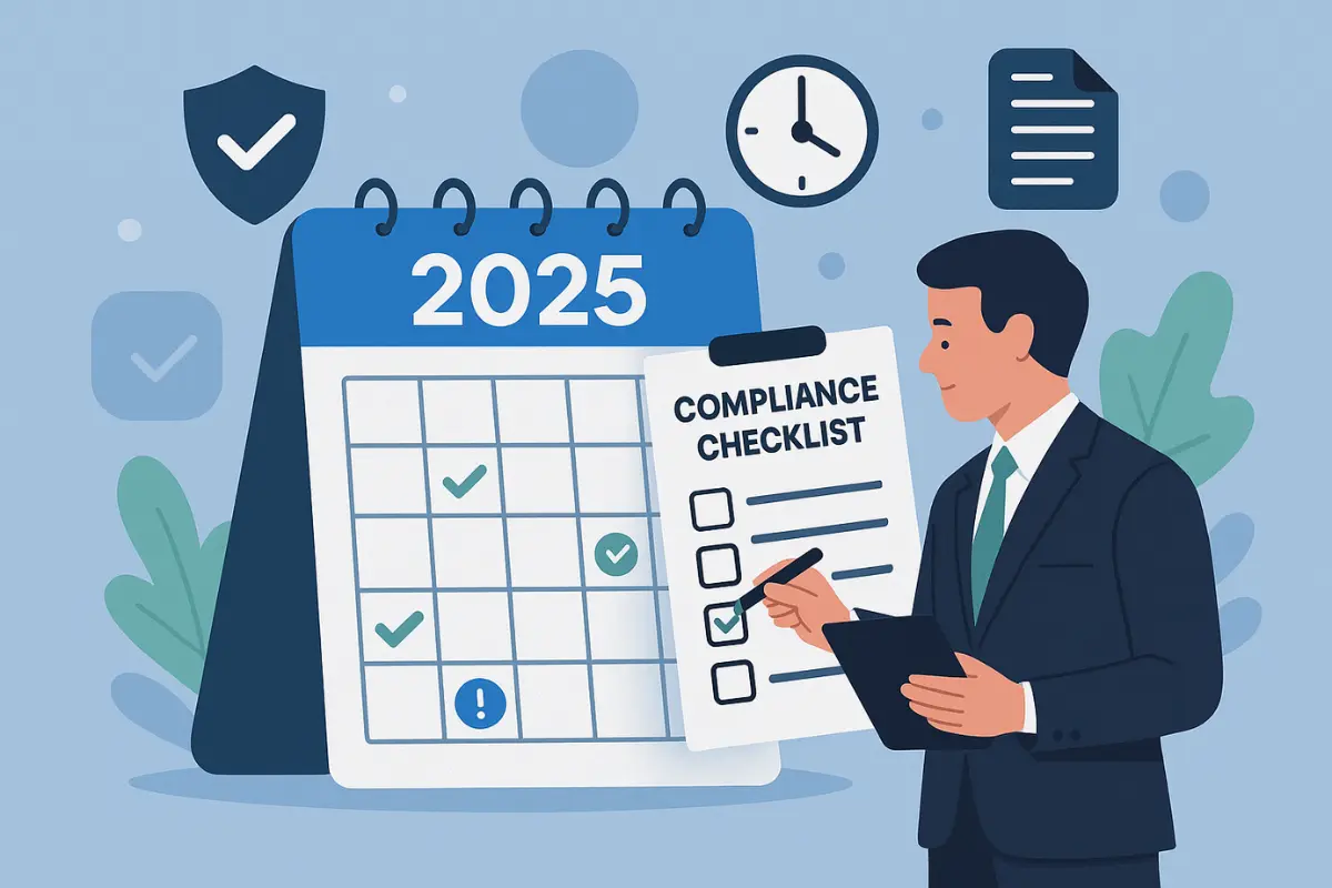 Business owner reviewing 2025 annual compliance checklist with regulatory requirements calendar and deadline reminders