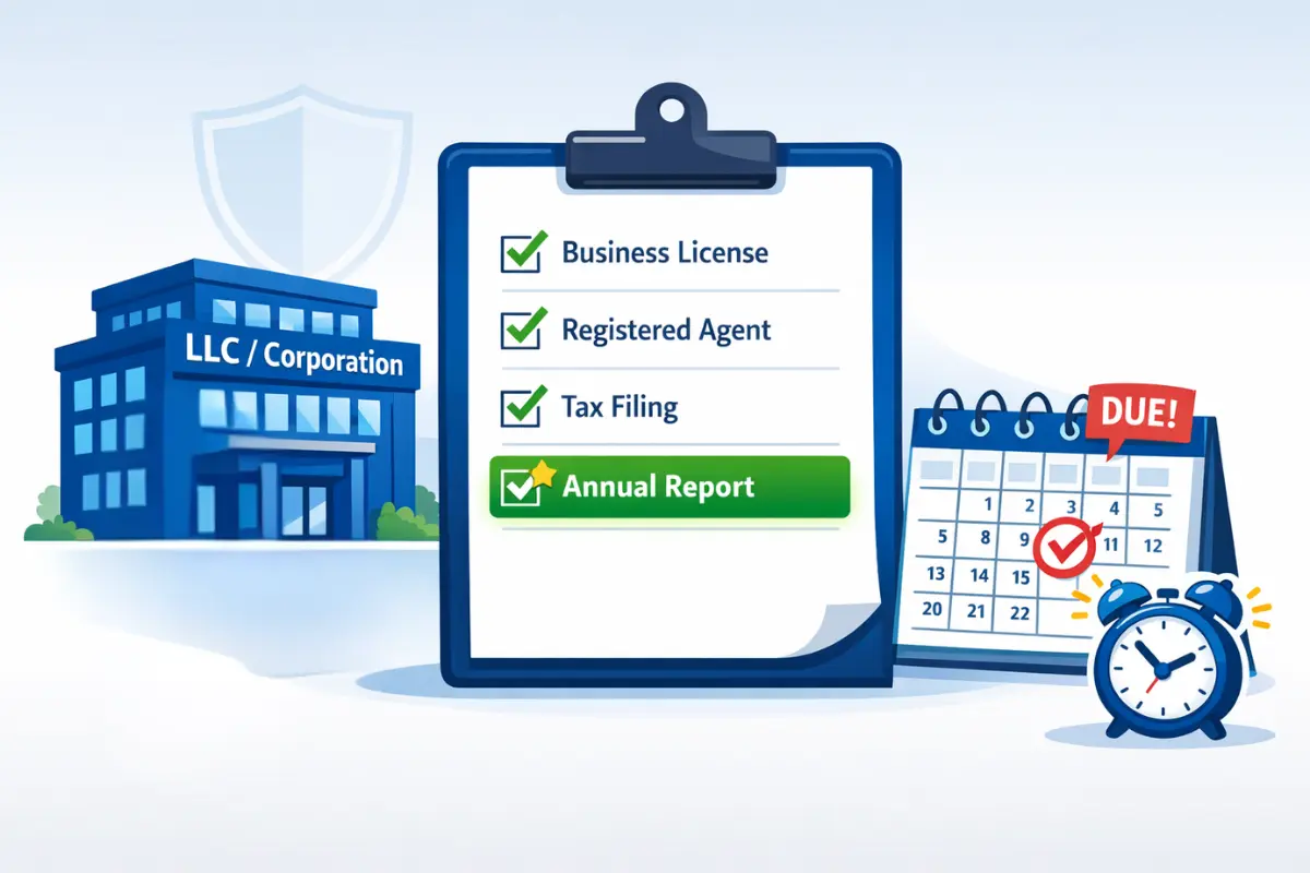 LLC and corporation annual report filing checklist with due date calendar reminder showing business license, registered agent, tax filing, and annual report requirements