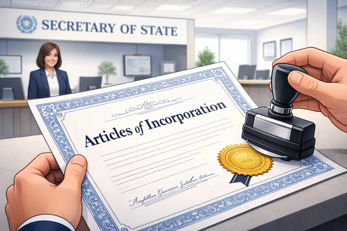 Articles of Incorporation document being stamped and filed with the Secretary of State as the foundational corporate formation document required to incorporate a business and establish a corporation as a separate legal entity.