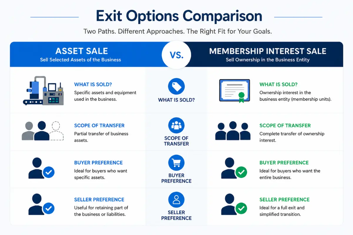 LLC exit strategy comparison infographic showing asset sale versus membership interest sale differences including scope of transfer, buyer preference, and seller preference when selling a limited liability company