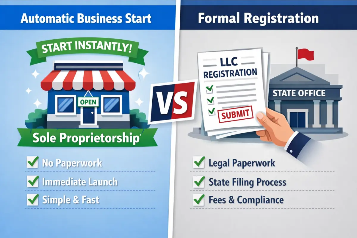 Sole proprietorship vs LLC formation process showing automatic business start versus formal LLC registration cost state filing and compliance requirements