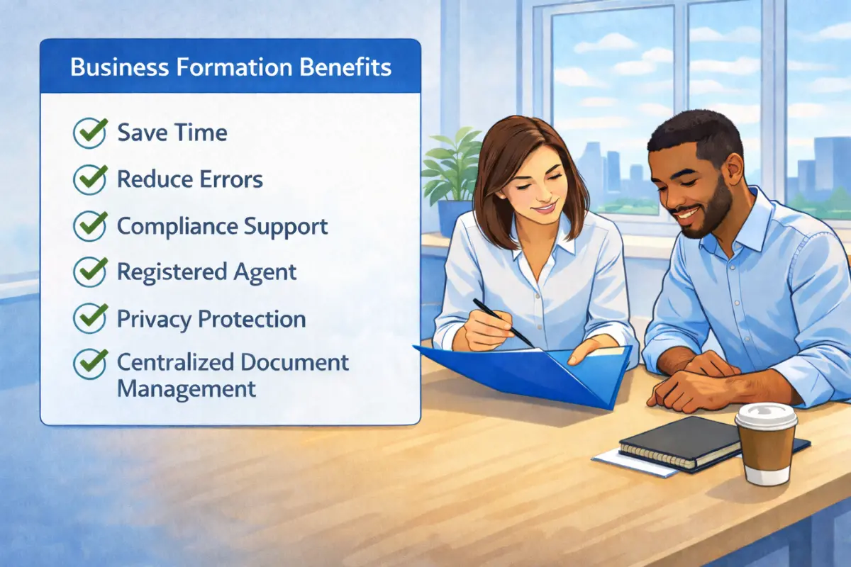 Benefits of professional business formation services infographic showing how startups save time, reduce errors, and get compliance support, registered agent, privacy protection, and document management