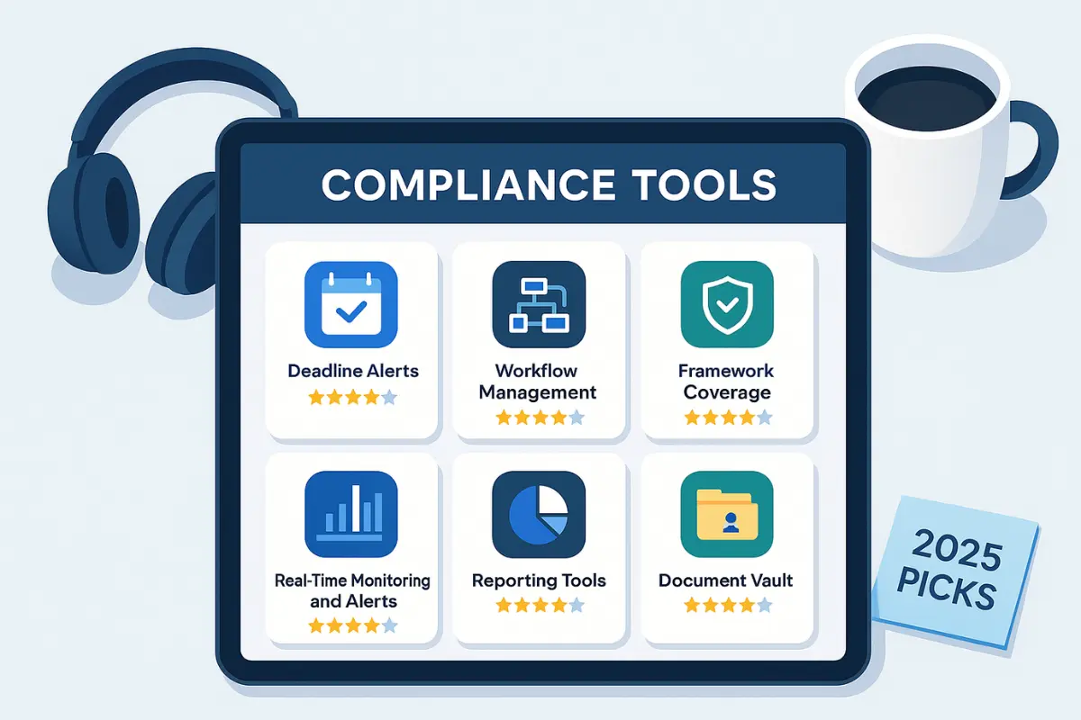 Best compliance tools dashboard for small businesses in 2025 showing key features like workflow management, deadline alerts, and framework coverage with star ratings.