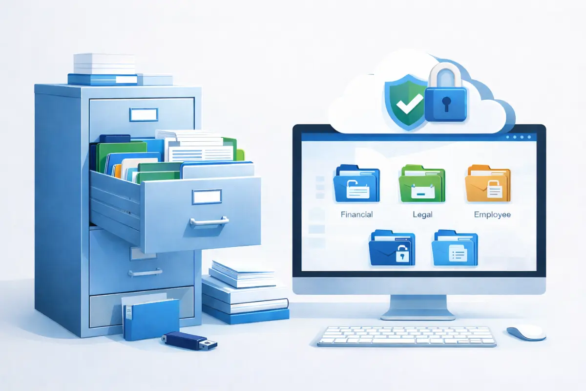 Best practices for storing business records showing physical filing cabinet and secure cloud storage with financial, legal, and employee folders for closed business record retention.