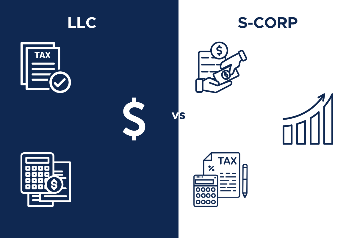 Split-screen graphic comparing LLC and S-Corp tax features with icons and contrasting colors