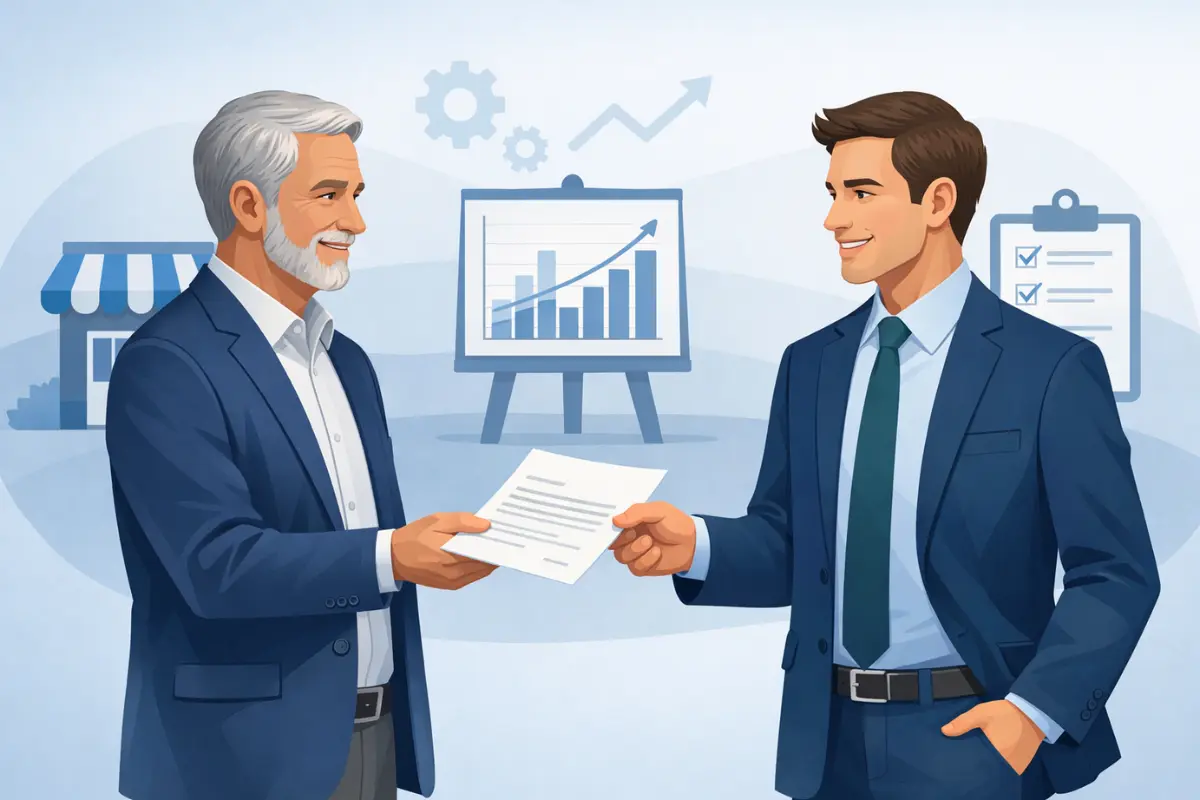 Older business owner handing off business documents to a younger professional during a business succession transition.