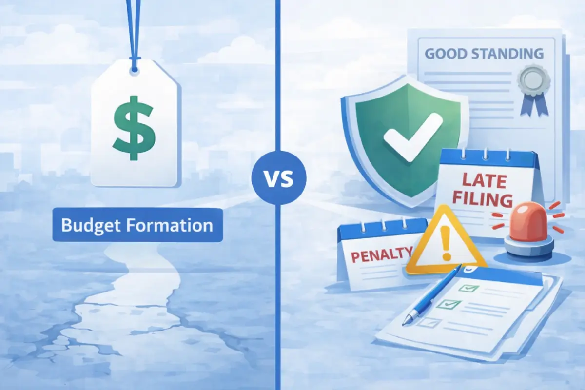 LLC formation cost versus regulatory compliance comparison showing budget formation price tag against late filing penalties and good standing certificate