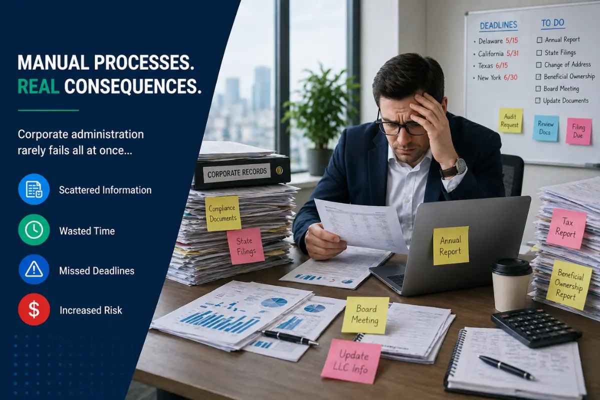 Business professional overwhelmed by paperwork, spreadsheets, and compliance tasks in a cluttered office