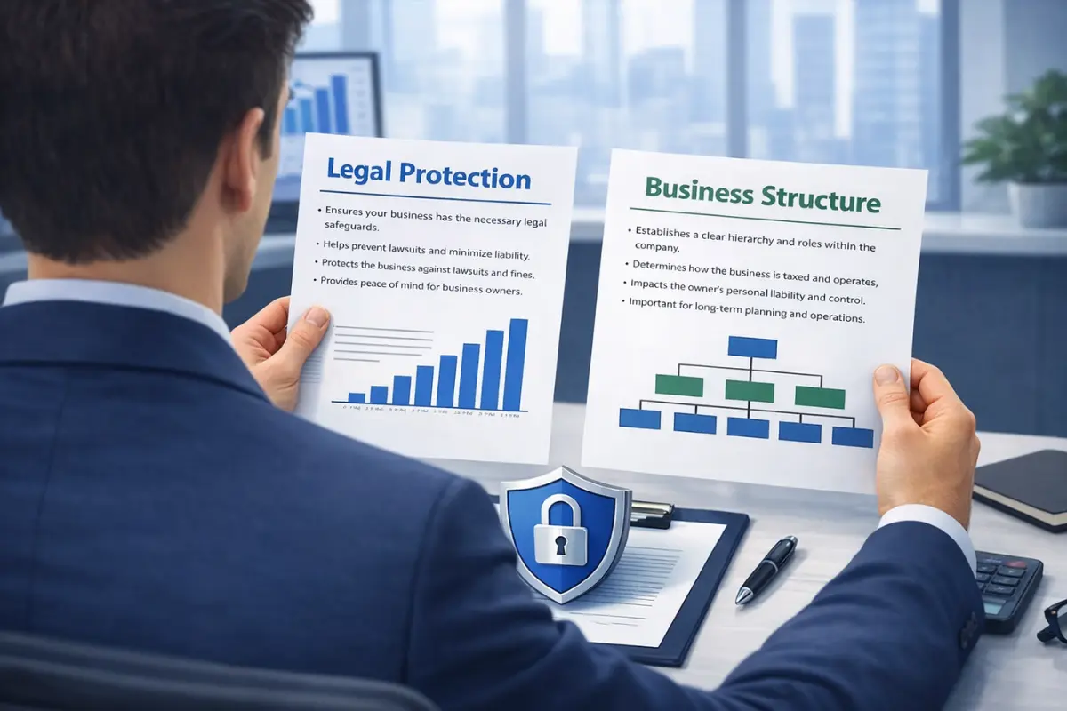 Business consultant reviewing legal protection and business structure documents for a consulting business LLC formation
