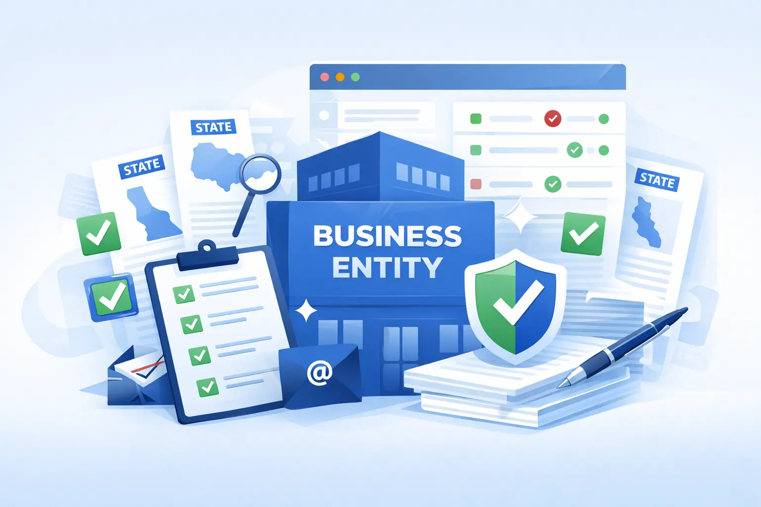 Tech startup business entity compliance overview showing state filing requirements, checklist, and legal protection shield for LLC and corporation formation