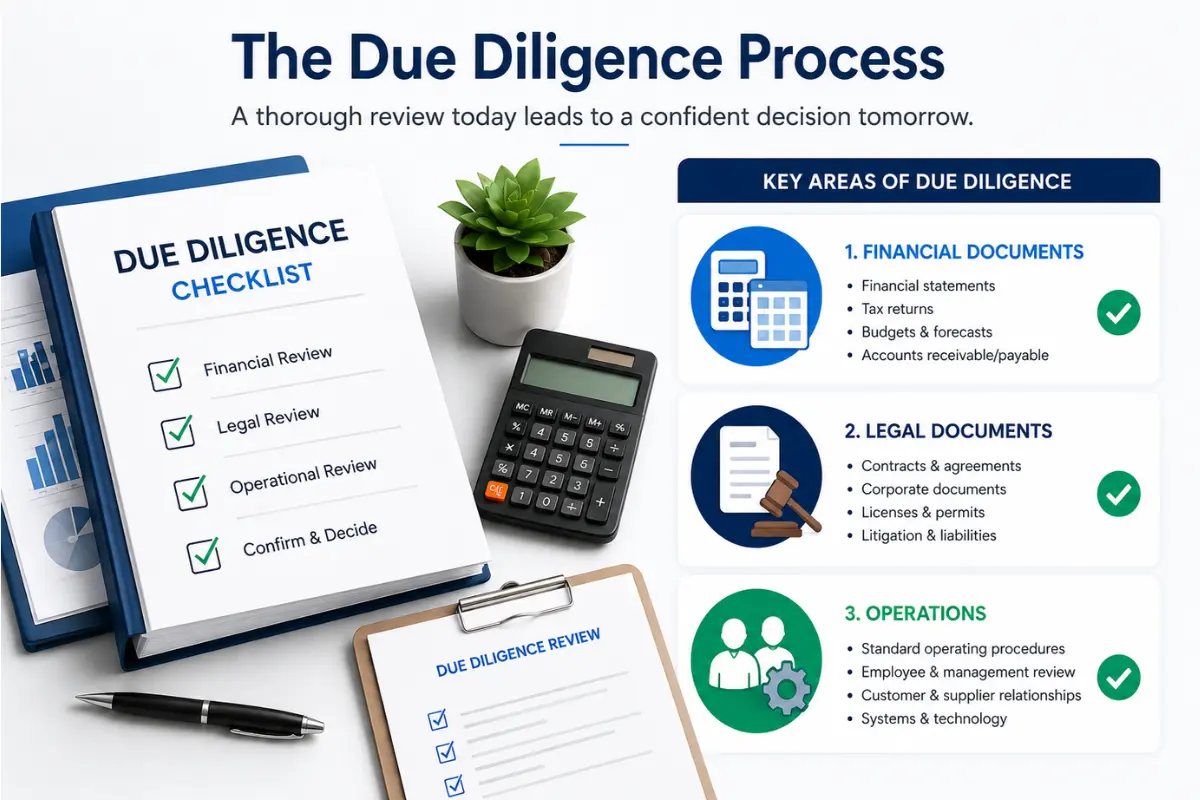 Business exit due diligence process checklist for selling an LLC covering financial documents, legal documents, contracts, licenses, and operational review before LLC acquisition