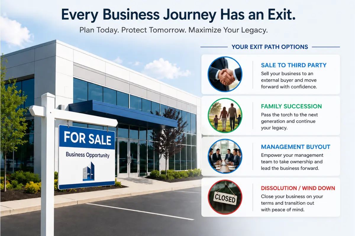 LLC business exit strategy options infographic showing sale to third party, family succession, management buyout, and dissolution wind down paths for maximizing LLC value