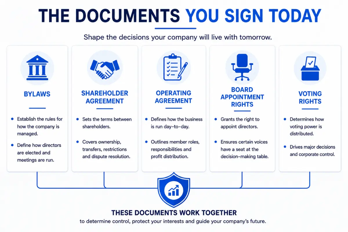 Business formation documents including bylaws shareholder agreements and board governance records