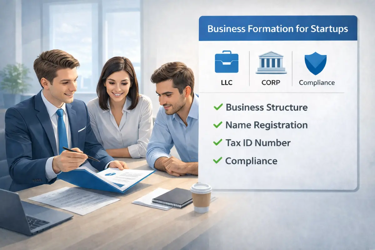 Business formation services guide for startups showing LLC formation, corporation incorporation, name registration, tax ID number, and compliance support options