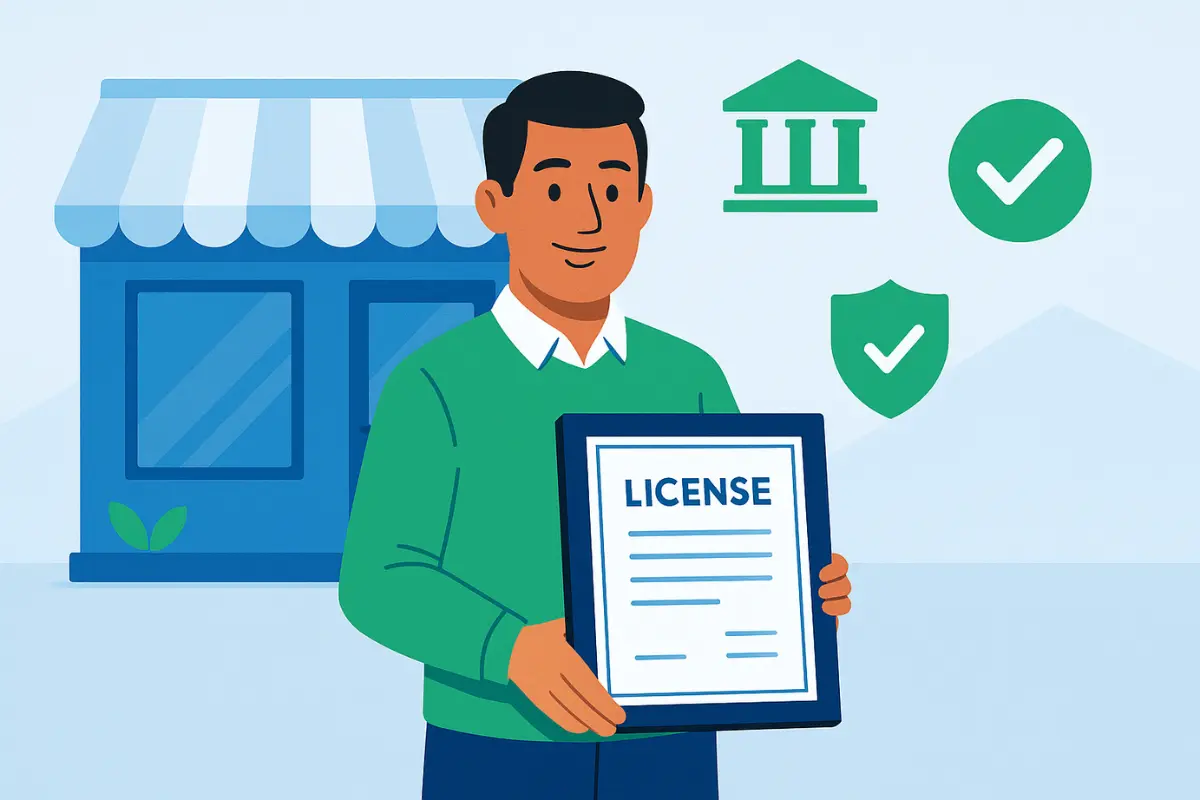 Small business owner holding approved business license certificate showing compliance with local and state requirements