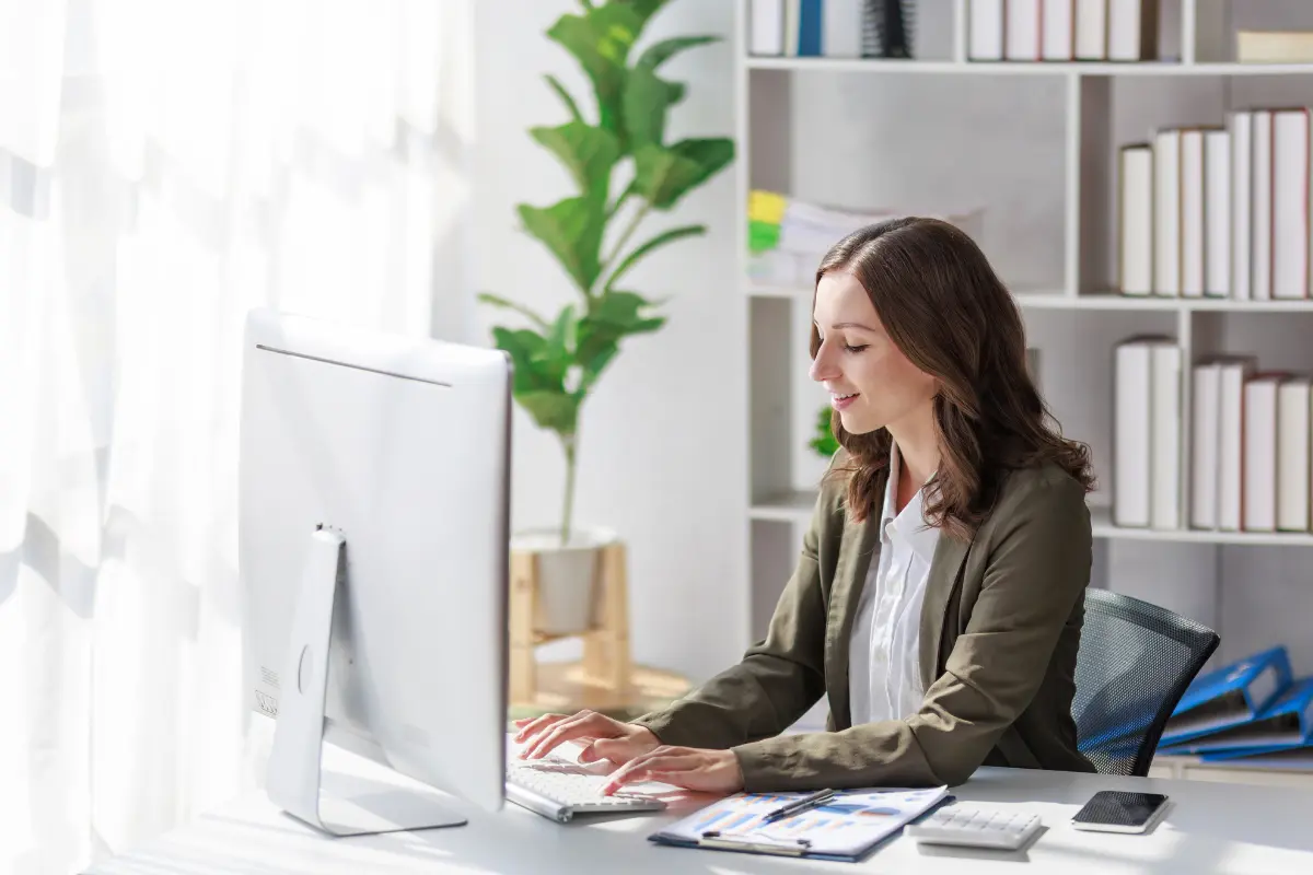 Business professional conducting an online business lien check and lien search process to review public lien records for business risk assessment