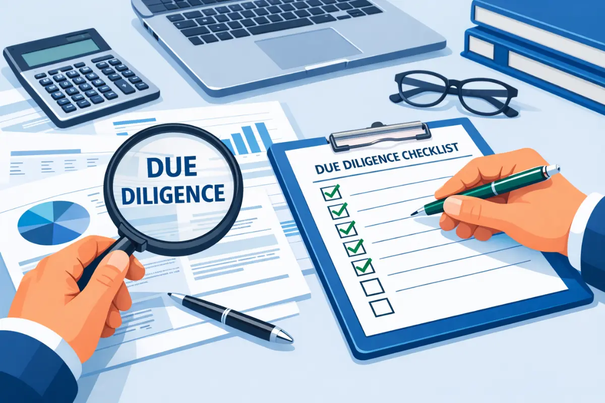 Business lien search due diligence checklist with magnifying glass reviewing public lien records and UCC filings to assess tax liens and business debts