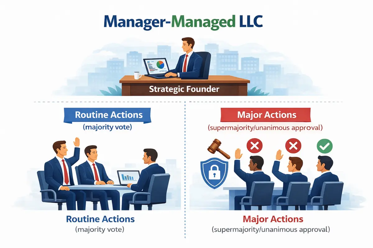 Manager-managed LLC model infographic showing how a strategic founder oversees routine actions requiring majority vote and major actions requiring supermajority or unanimous approval as part of an LLC operating agreement management structure