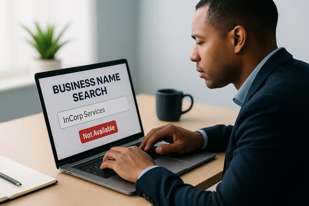 Business owner conducting business name search showing InCorp Services name availability check and verification results for company registration.
