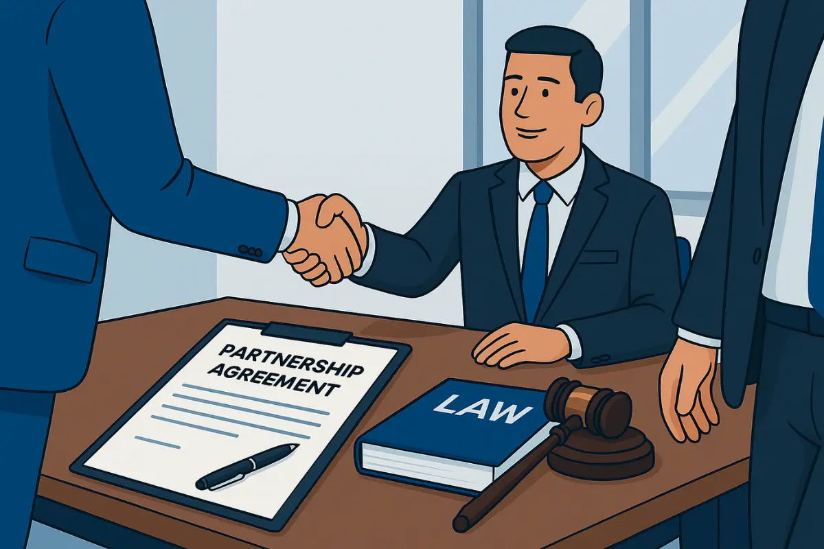 Two business professionals formalizing a partnership agreement at a desk with legal documents.