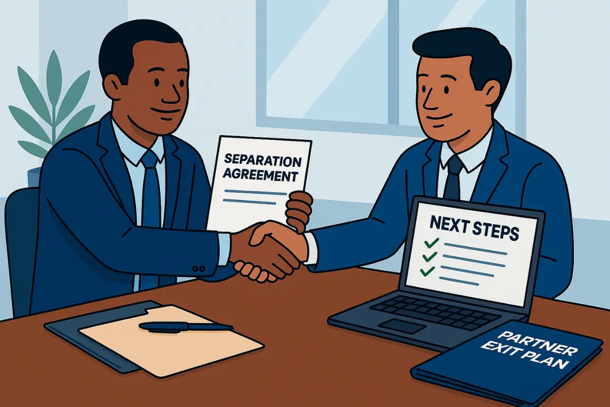 Two business professionals shaking hands over a signed separation agreement, symbolizing a respectful LLC partner removal or business partner buyout during a partnership dissolution.