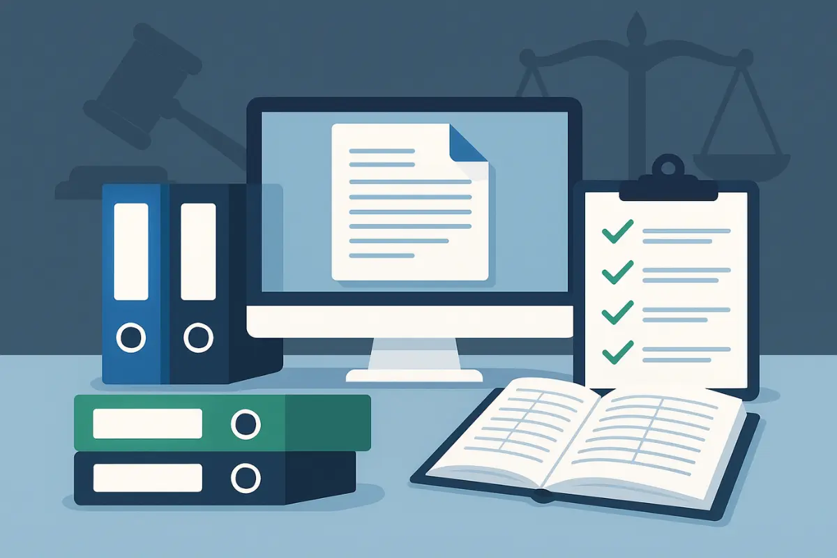 Business record keeping system showing legal record keeping with digital files, physical folders and compliance checklist