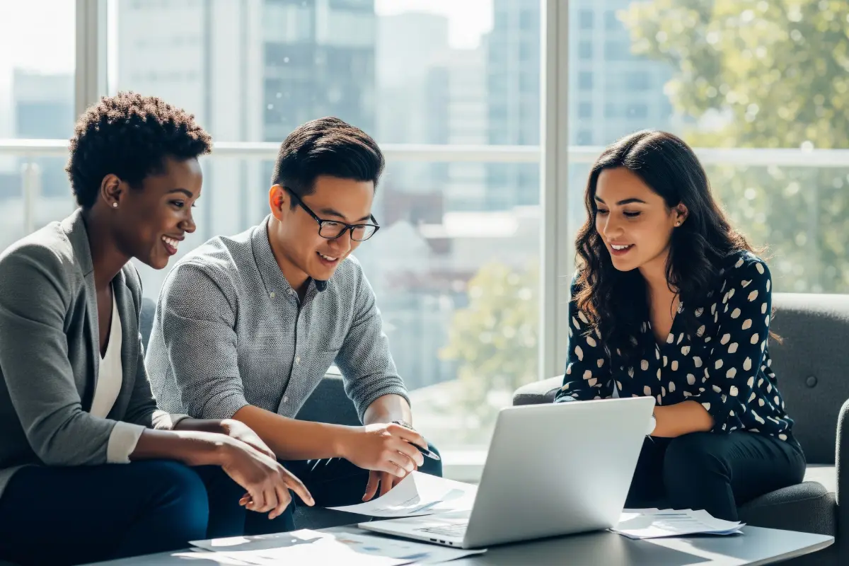Business team collaborating on financial record keeping and business compliance records review for regulatory compliance