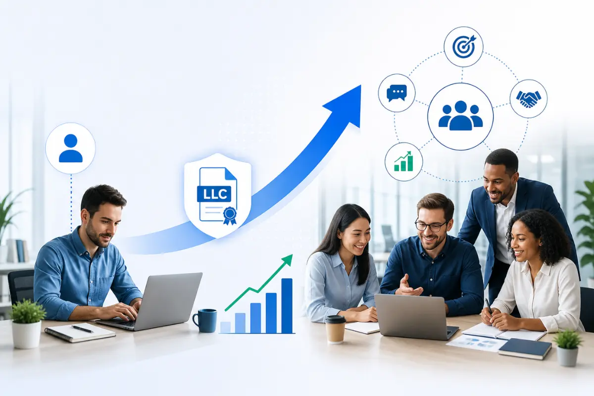 Business scaling strategies infographic showing LLC growth from solo operator to full team with upward revenue trajectory and business expansion planning icons