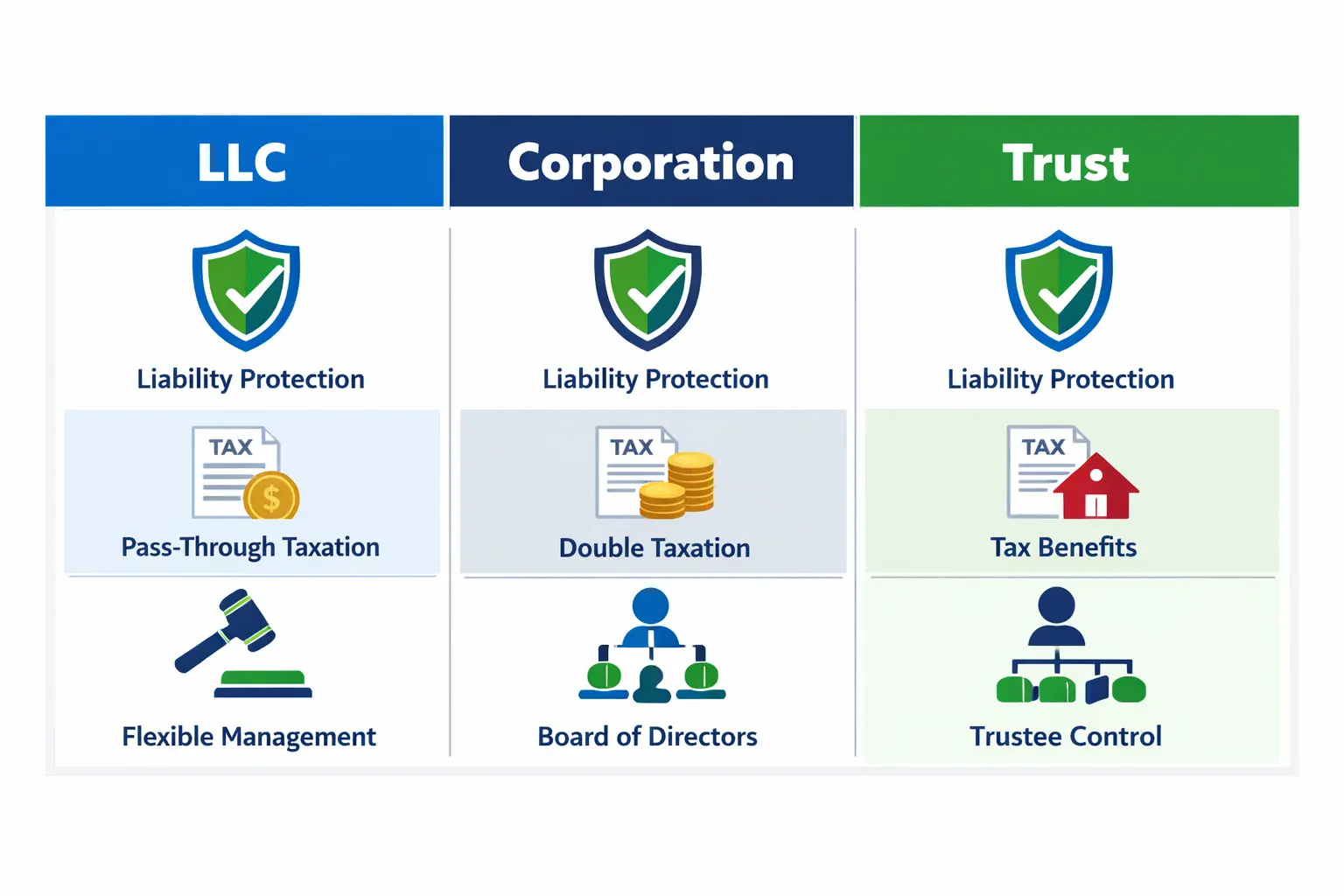 Real estate business structure comparison chart of LLC versus corporation versus trust showing liability protection, taxation, and management differences for real estate investing