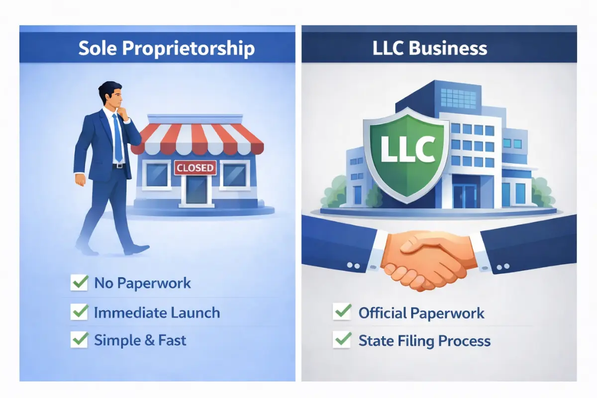 Business structure comparison of sole proprietorship vs LLC including formation process paperwork requirements and benefits of forming an LLC