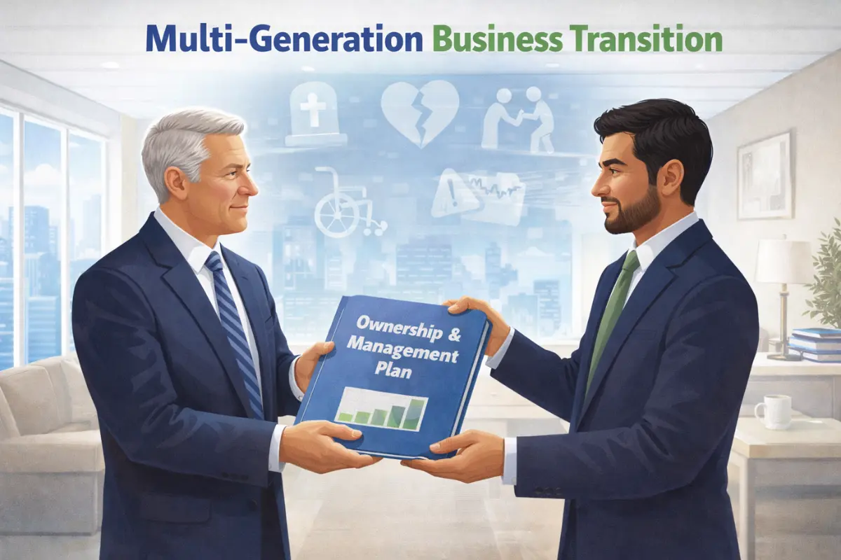 Multi-generation business transition illustration showing LLC succession planning with an ownership and management plan being handed from a senior business owner to a successor to ensure business continuity and protect business assets through estate planning and buy-sell agreements