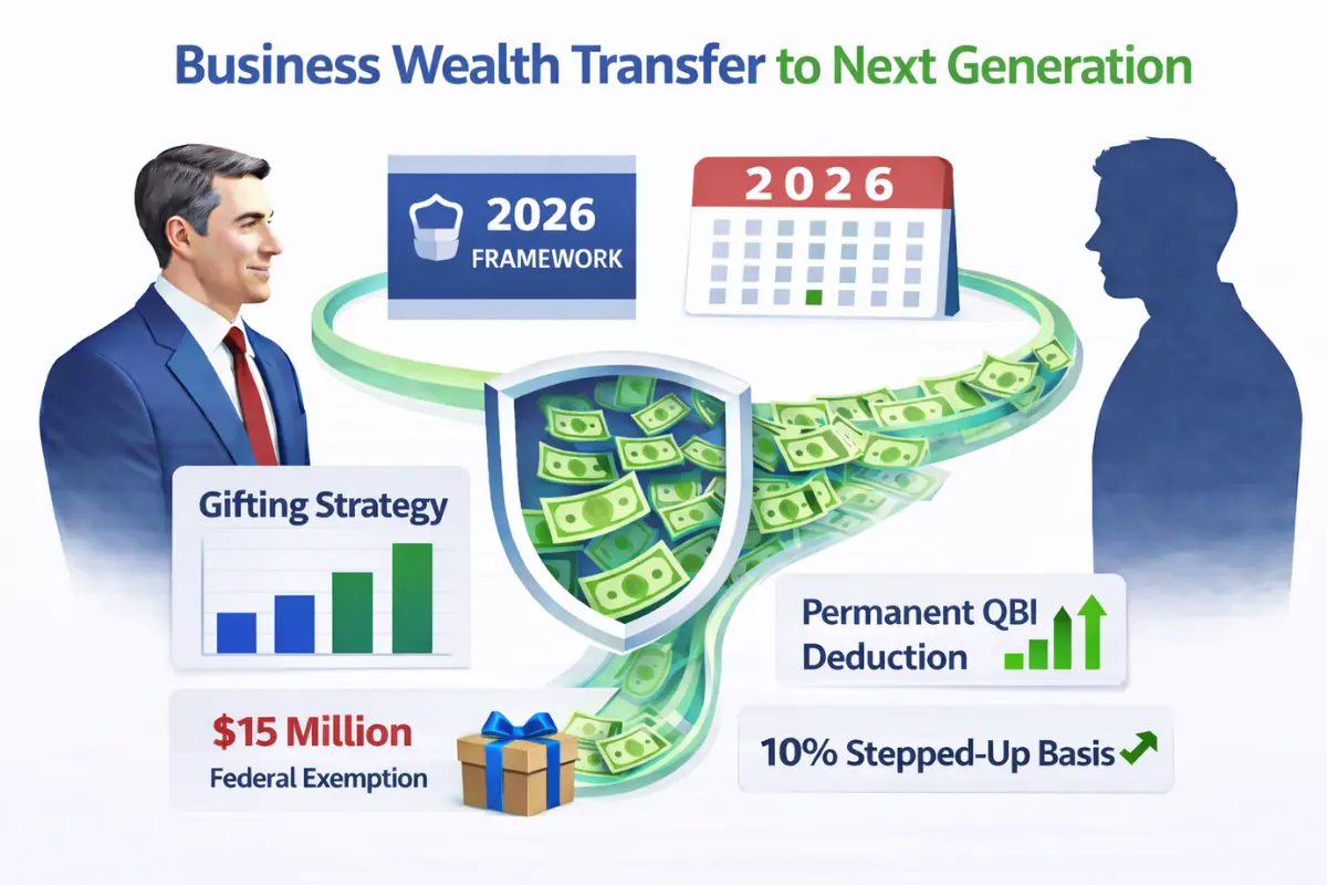 Infographic illustrating business wealth transfer to the next generation using the 2026 estate planning framework including gifting strategy, federal exemption, permanent QBI deduction, and stepped-up basis for family business succession and LLC ownership transfer