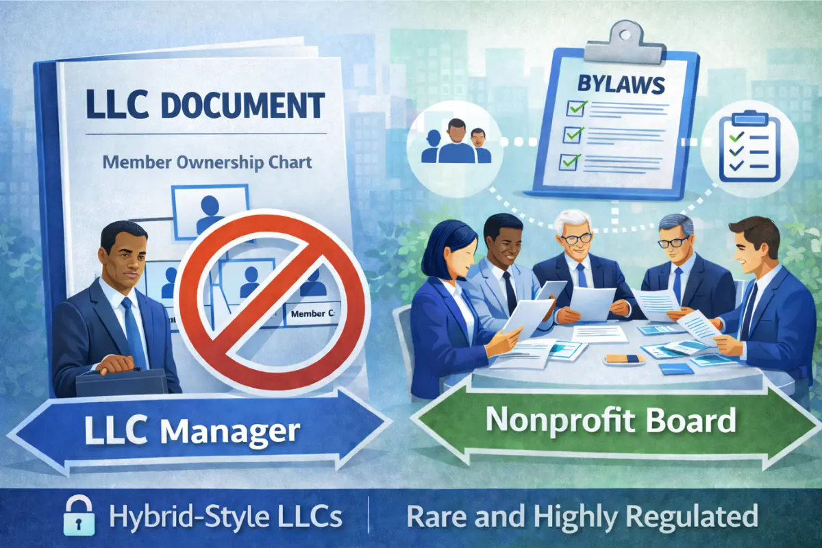 Comparison of LLC member ownership document versus nonprofit board bylaws showing why hybrid-style LLCs are rare and highly regulated