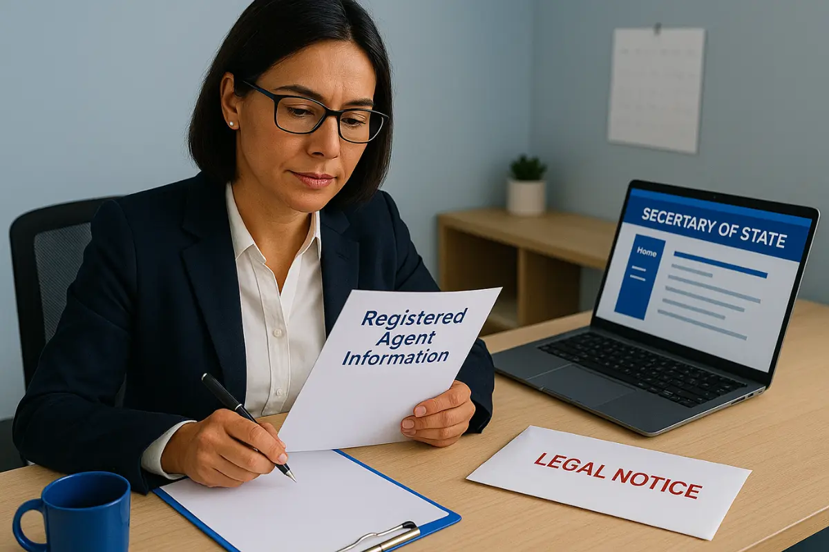 Business owner working as own registered agent reviewing legal notices and Secretary of State requirements for self-serve registered agent responsibilities.