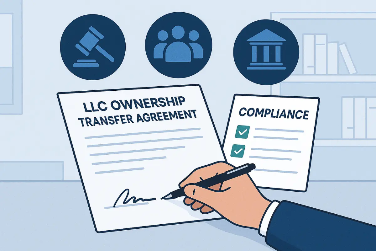 LLC ownership transfer agreement being signed with compliance checklist and legal requirements icons