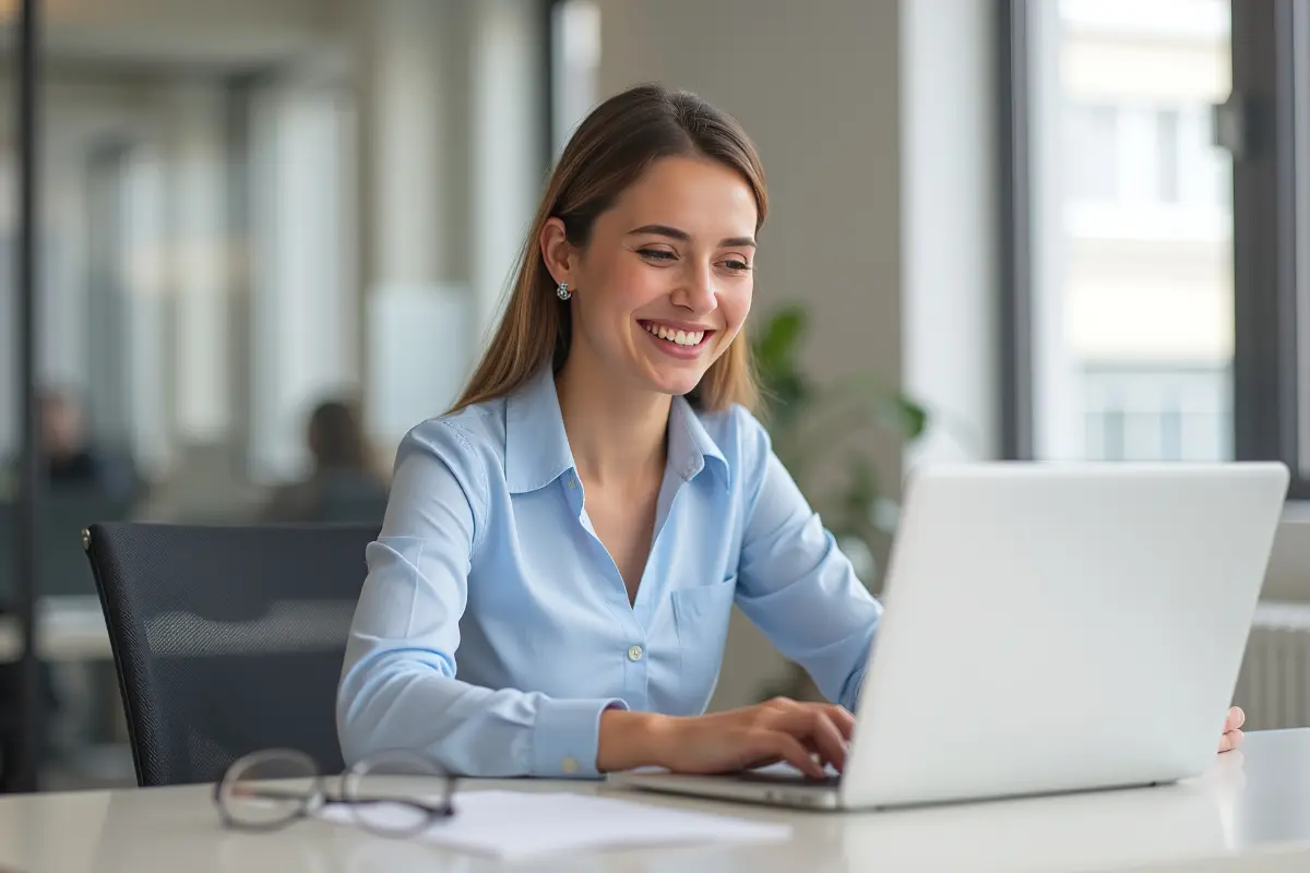 Professional businesswoman working on laptop managing LLC business operations and ownership transfer documentation in modern office.