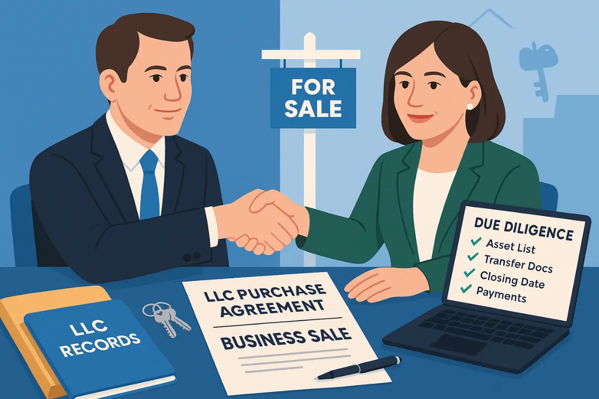 Business professionals completing LLC sale transaction with purchase agreement and transfer documents for limited liability company ownership change.