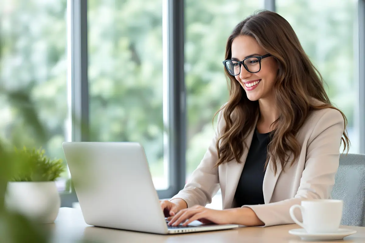 Business owner managing LLC ownership transfer process on laptop in professional office setting