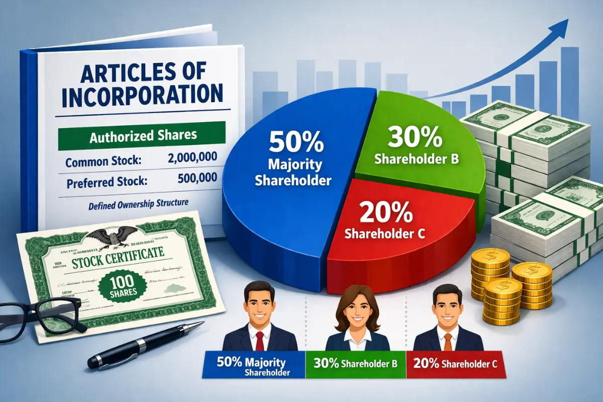 Articles of Incorporation showing capital structure and stock authorization with authorized common and preferred shares, defined ownership structure, and shareholder equity breakdown required as part of incorporation filing requirements.
