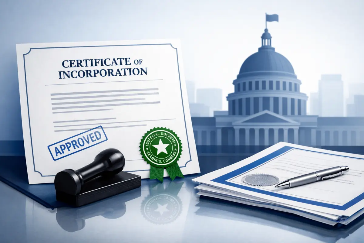 Official certificate of existence and certificate of incorporation with approved state seal showing proof of business status issued by secretary of states