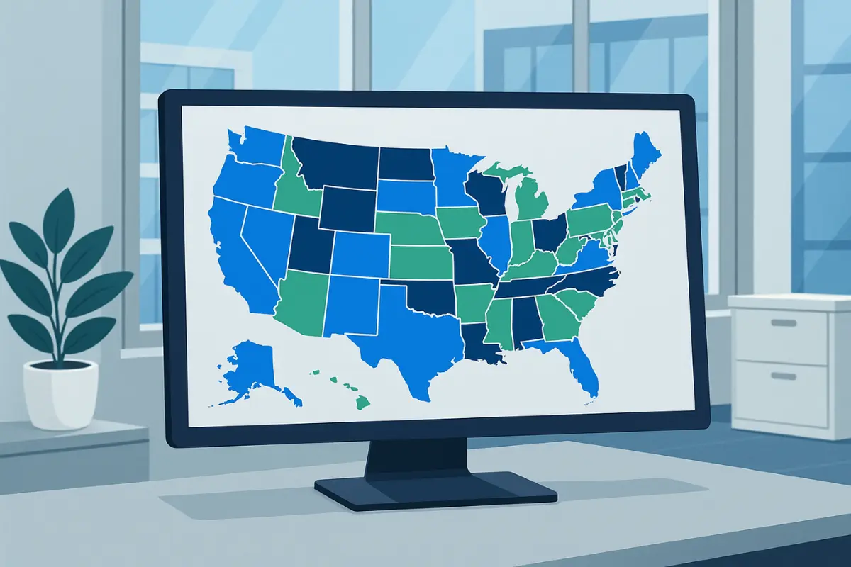 United States map showing state-by-state certificate of good standing requirements and Secretary of State variations
