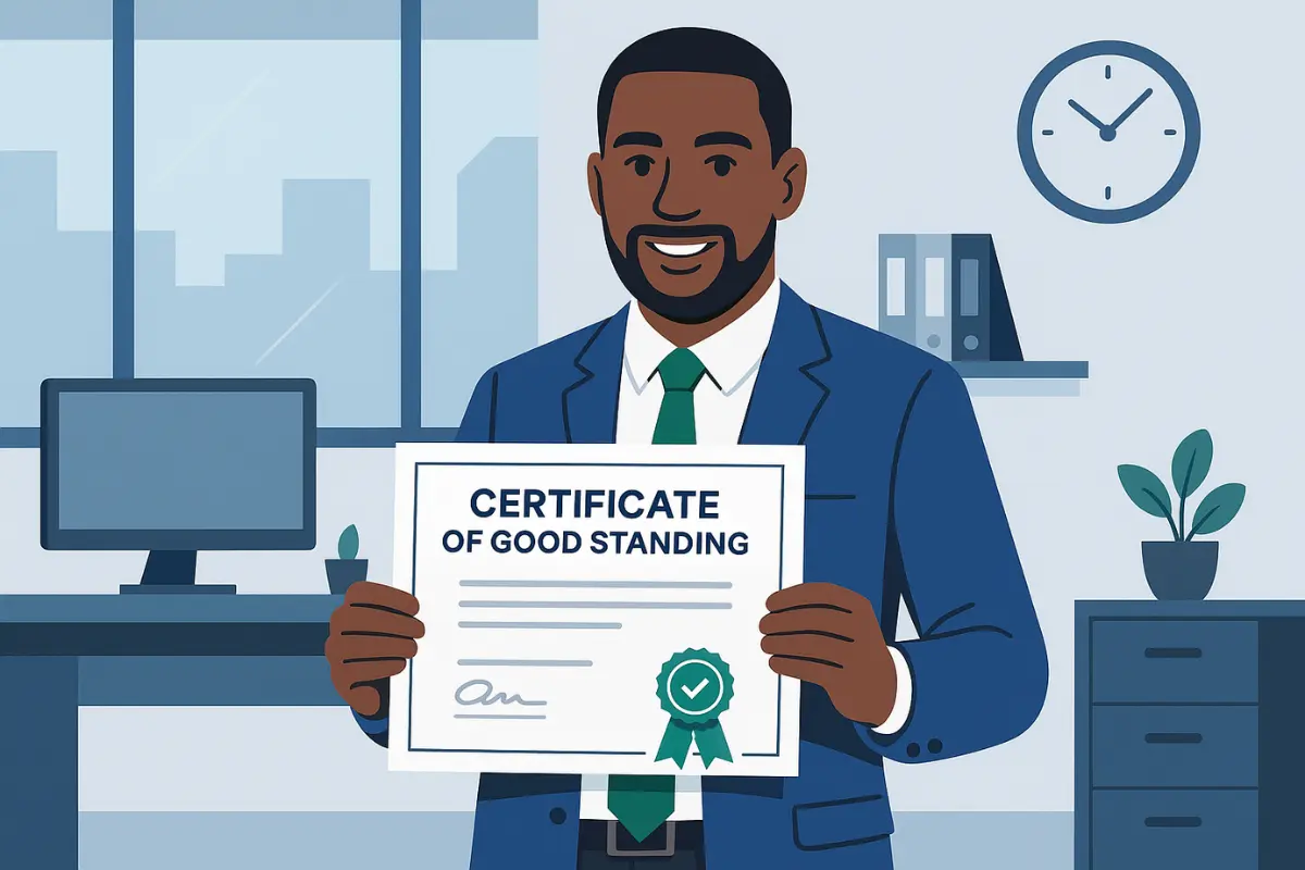 Business owner holding certificate of good standing proving state compliance certificate and good standing status