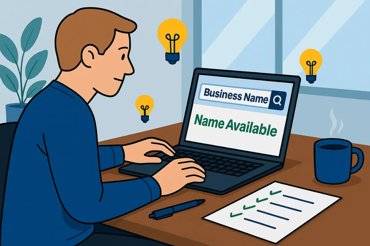 Entrepreneur checking business name availability online showing name available search results and business name verification checklist process.