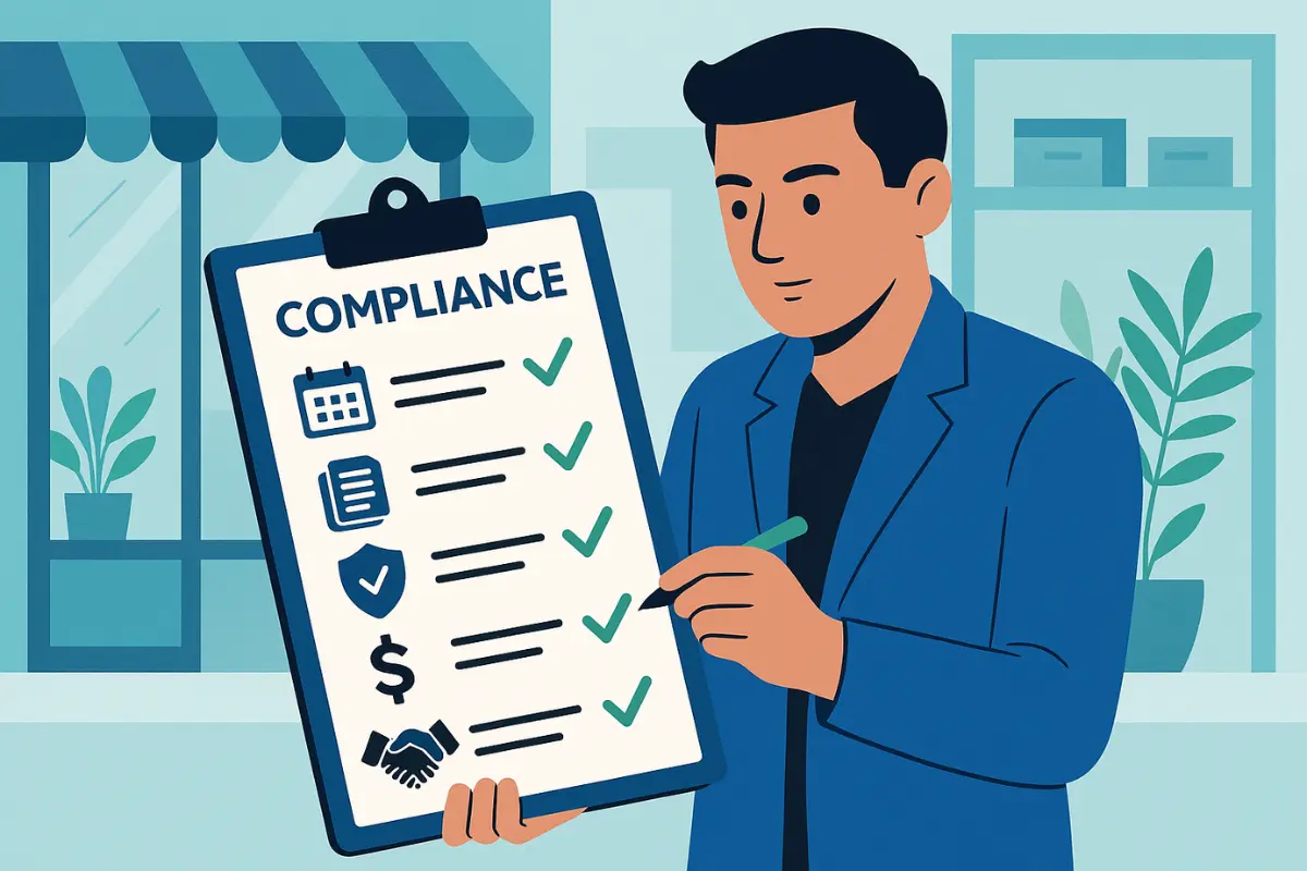 Small business owner reviewing compliance checklist showing regulatory deadlines filings and risk management requirements