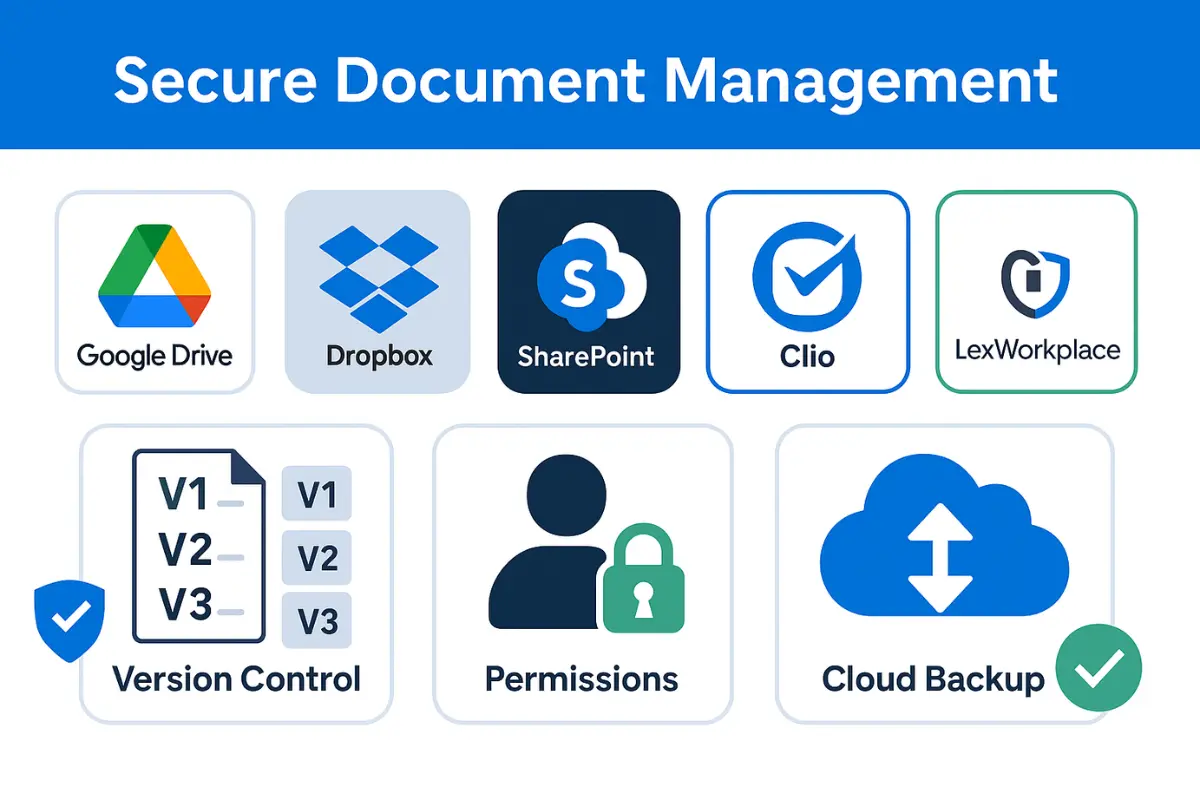 Document management software platforms including Google Drive, Dropbox, SharePoint, Clio and LexWorkplace with version control and security features.